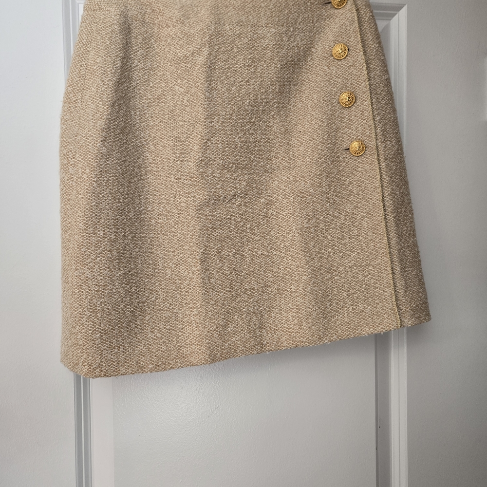 CHANEL Tan Pencil Skirt with Gold Buttons